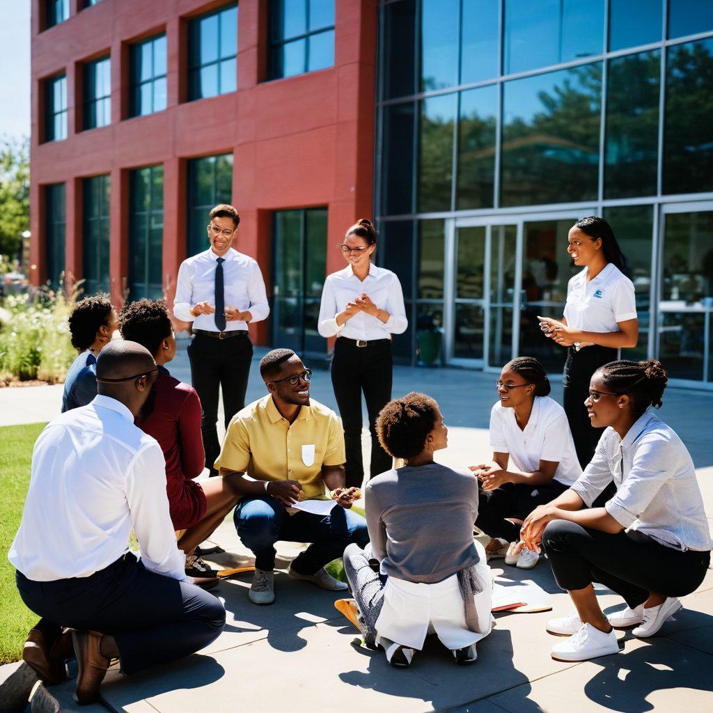 A diverse group of mentors and mentees engaged in an interactive outdoor workshop, sharing ideas and knowledge against a backdrop of a modern academy building. Include elements representing mentorship, like light bulbs symbolizing ideas and growth charts. The atmosphere should be vibrant and empowering, with an emphasis on collaboration and connection. Bright colors to reflect energy and positivity. super-realistic. vibrant colors. sunny background.