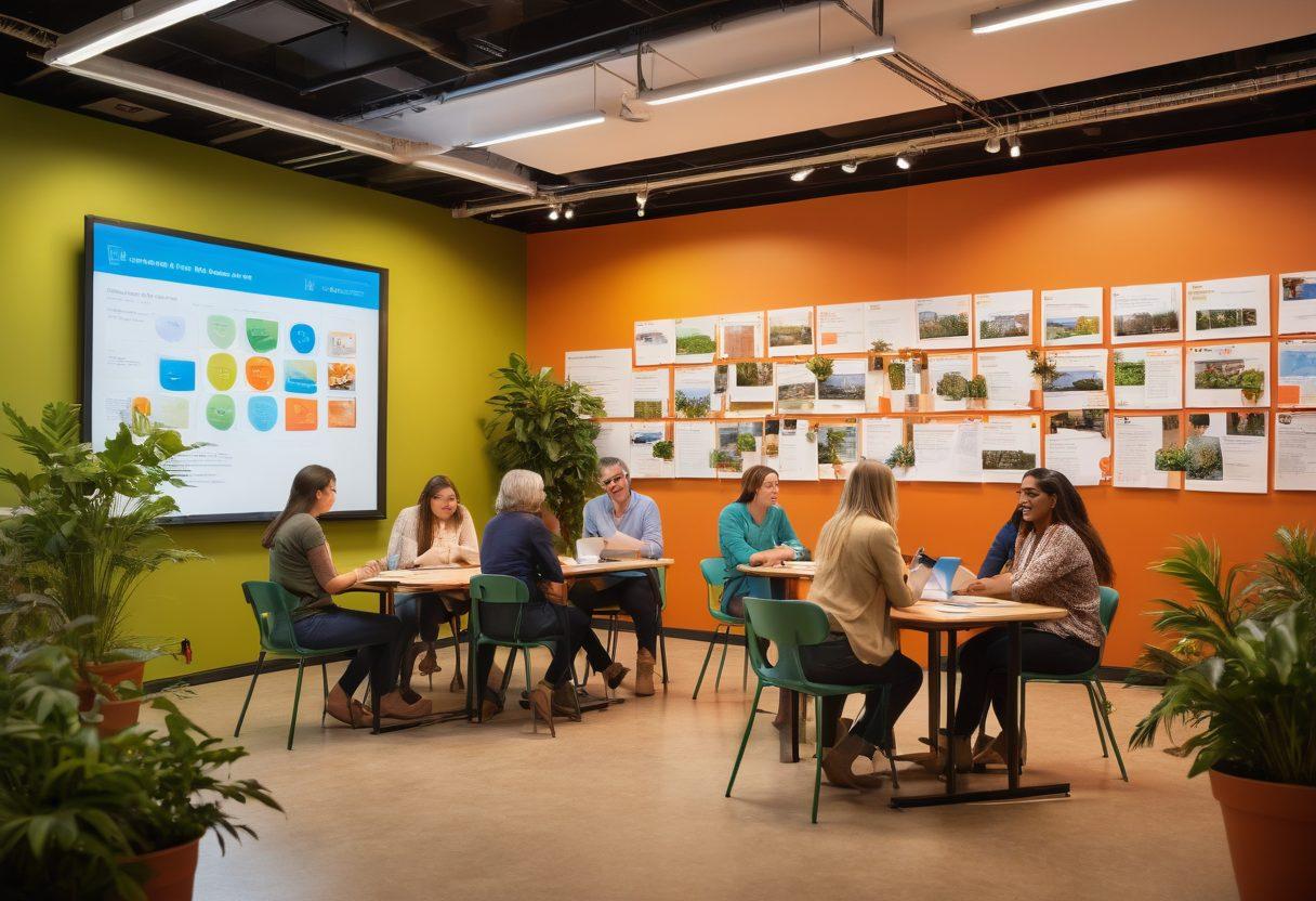 A vibrant scene depicting a diverse group of people engaged in collaborative workshops, sharing ideas and knowledge in a cozy, welcoming environment. Include elements like colorful learning materials, inspirational quotes on the walls, and technology devices to highlight educational networking. Add warm lighting and greenery to enhance the supportive atmosphere. super-realistic. vibrant colors. warm background.