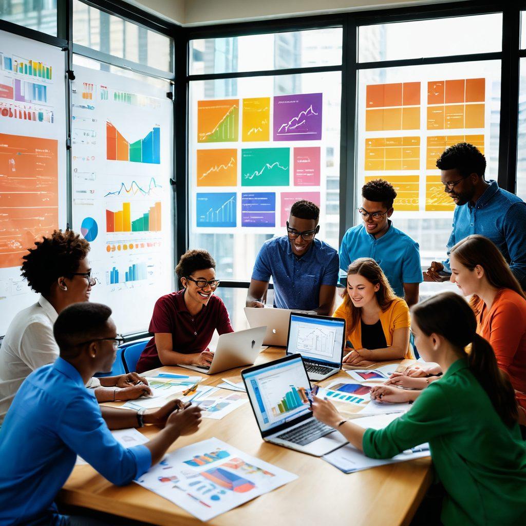 A vibrant scene depicting a diverse group of individuals engaged in a lively workshop, collaborating over colorful charts and creative tools, emphasizing teamwork and learning. The background features a large window letting in natural light, symbolizing enlightenment and growth. Include elements of technology such as laptops and digital tablets to signify modern learning methods. super-realistic. vibrant colors.